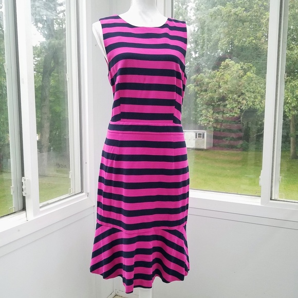 💼 Banana Republic Fuchsia & Navy Sleeveless Flounce Dress - Picture 2 of 8
